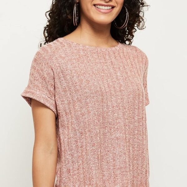 Women Textured Round Neck Regular Fit T-Shirt Red
